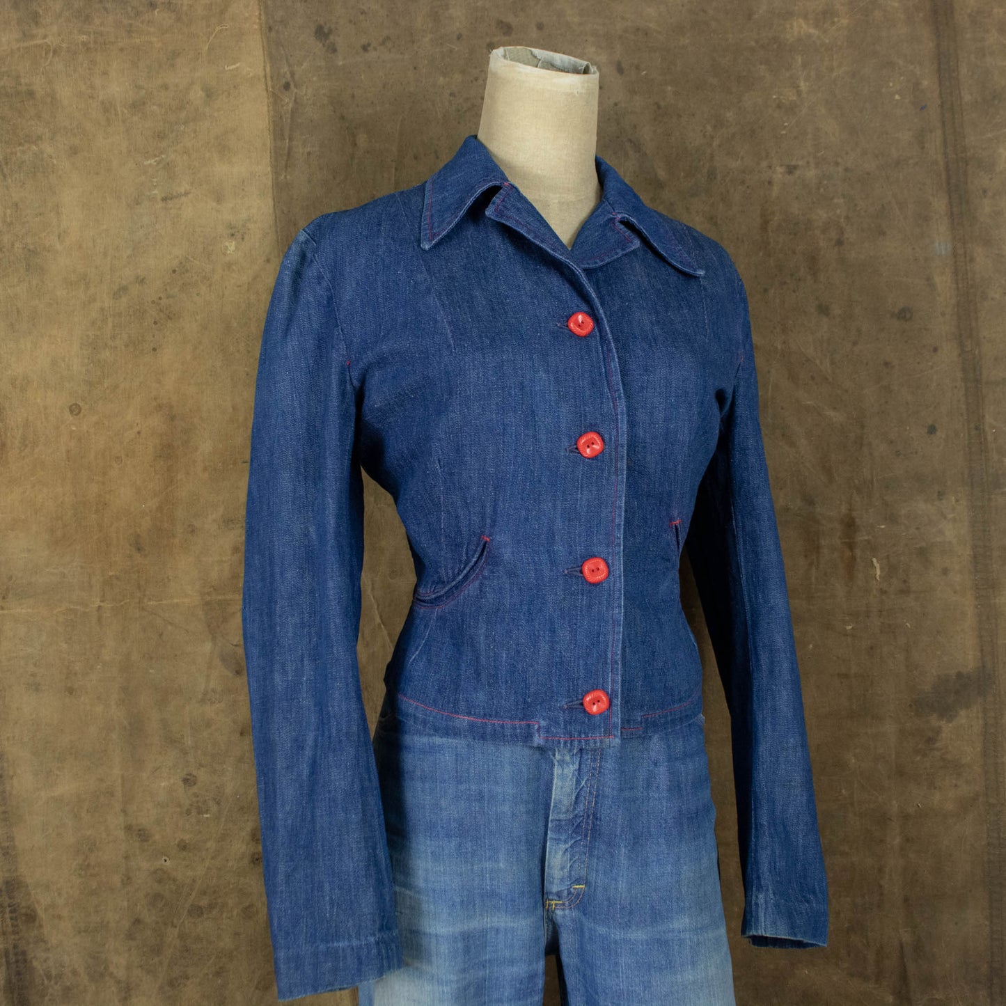 Vintage 40s Medium Sized Western Cut Denim Jacket with Smiley Pockets