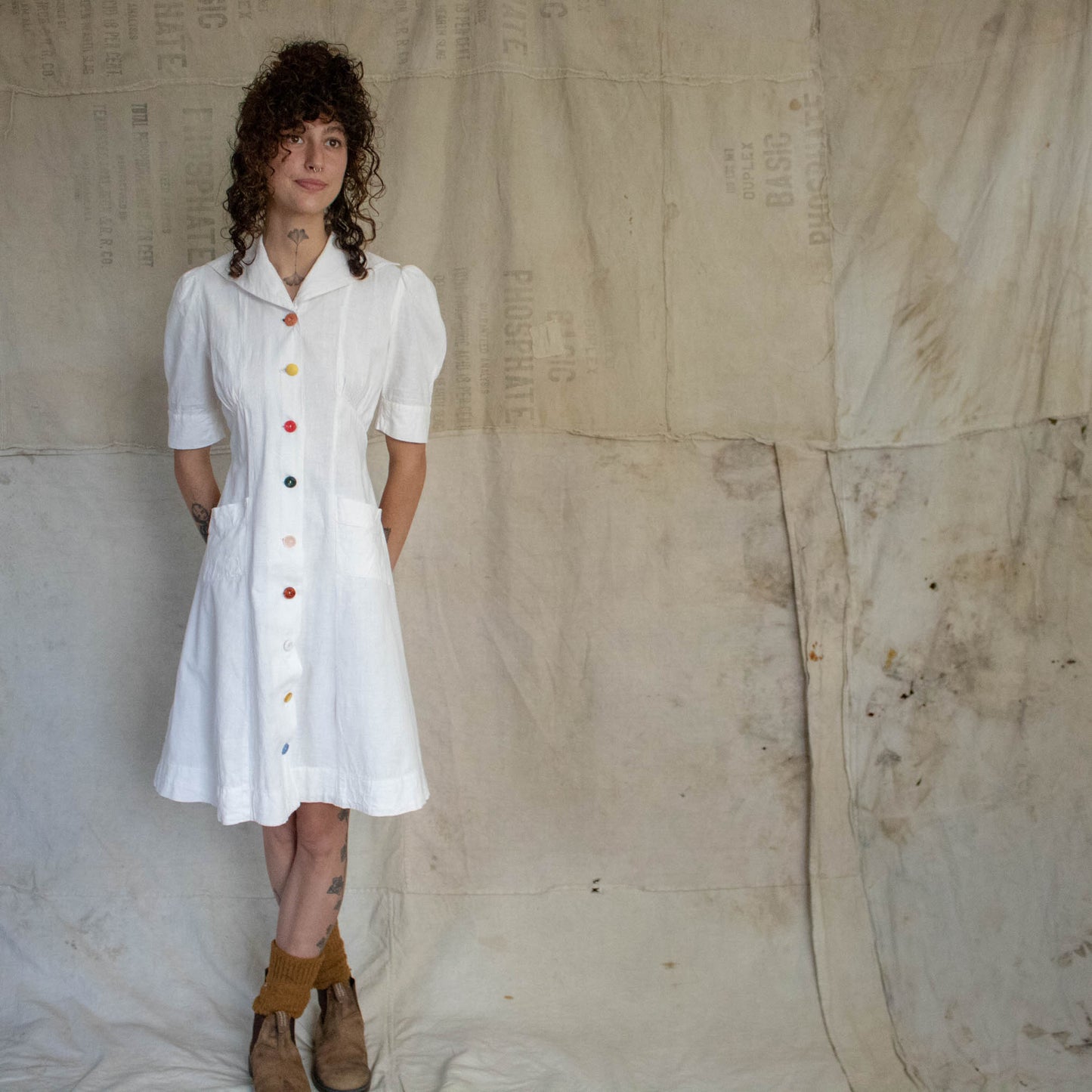 Reunion Remade Vintage Womens 40s Feedsack Dress with Multi-Colored Buttons