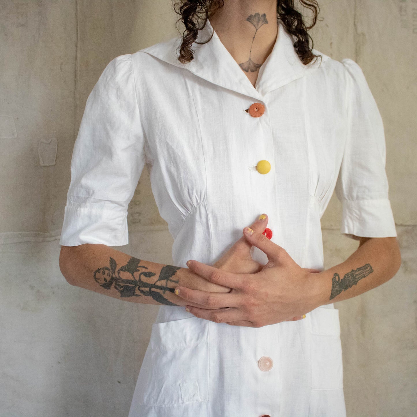 Reunion Remade Vintage Womens 40s Feedsack Dress with Multi-Colored Buttons