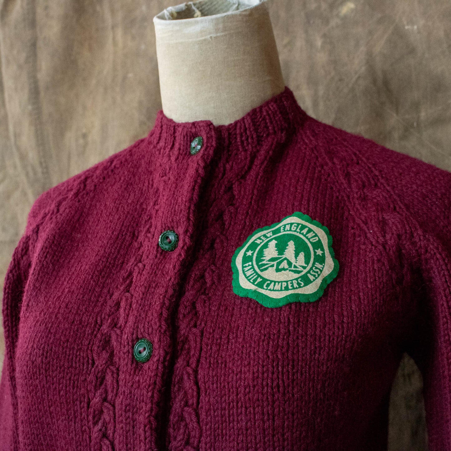 Vintage Small Medium Burgundy Wool Sweater with Camp Patch