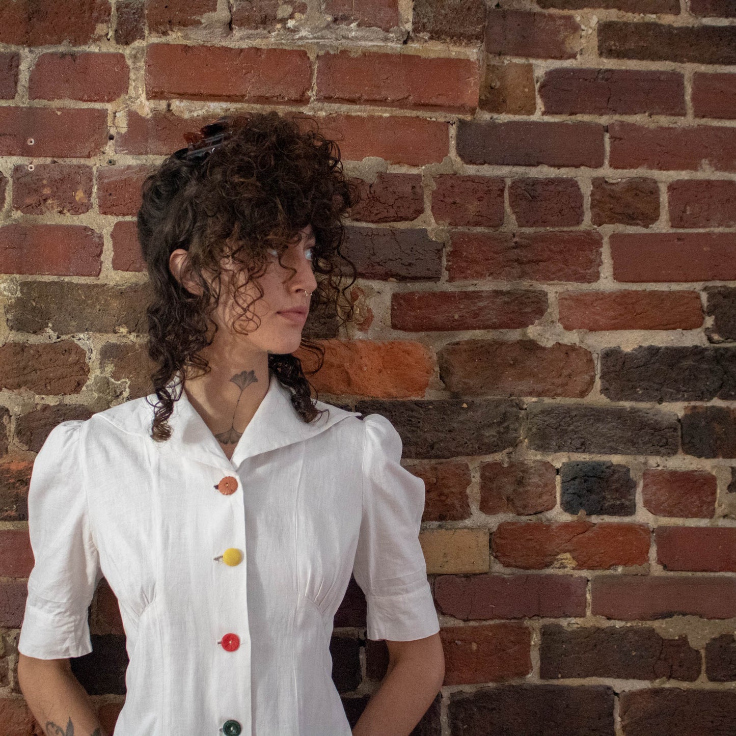 Reunion Remade Vintage Womens 40s Feedsack Dress with Multi-Colored Buttons