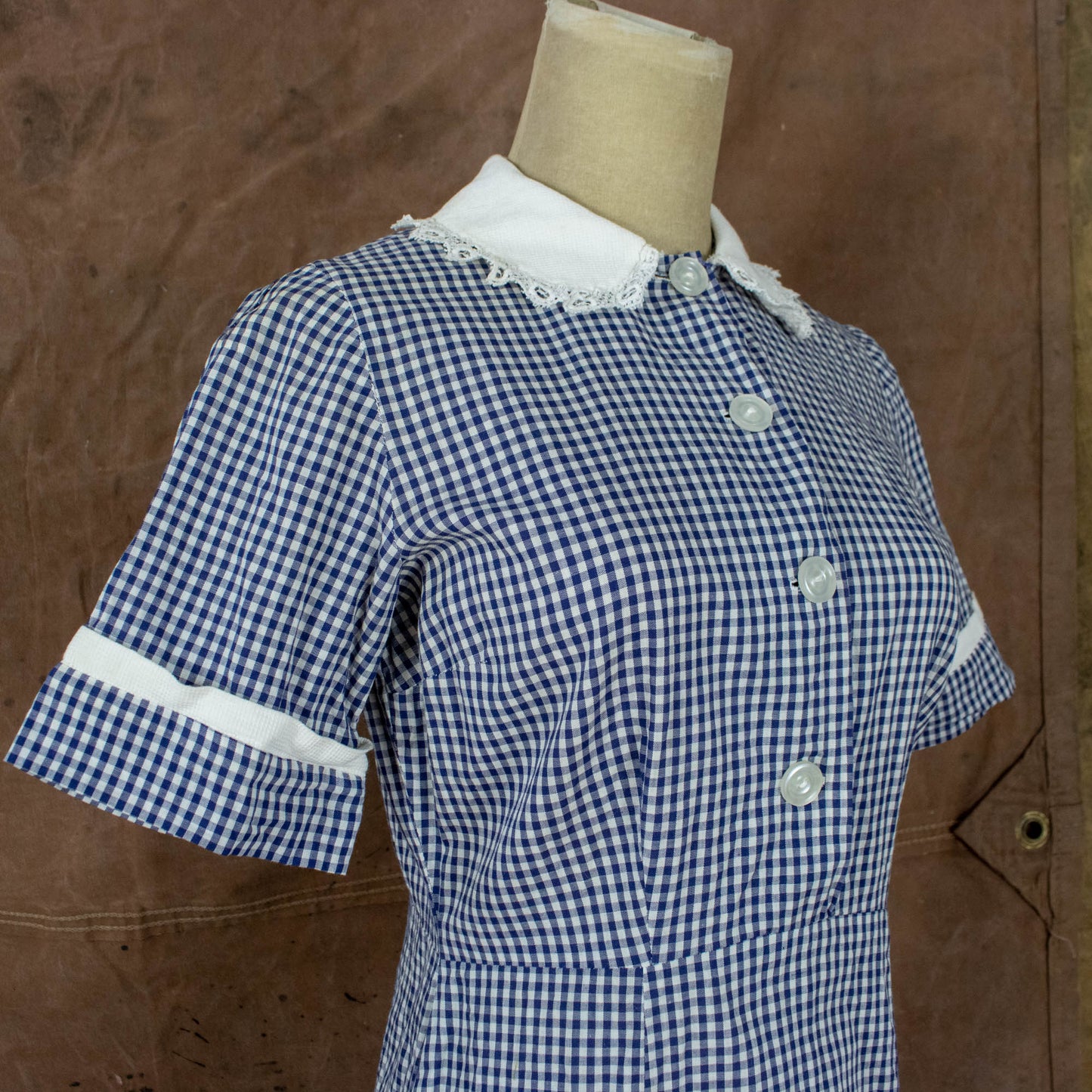 Vintage 50s Small Medium Gingham & Lace Dress