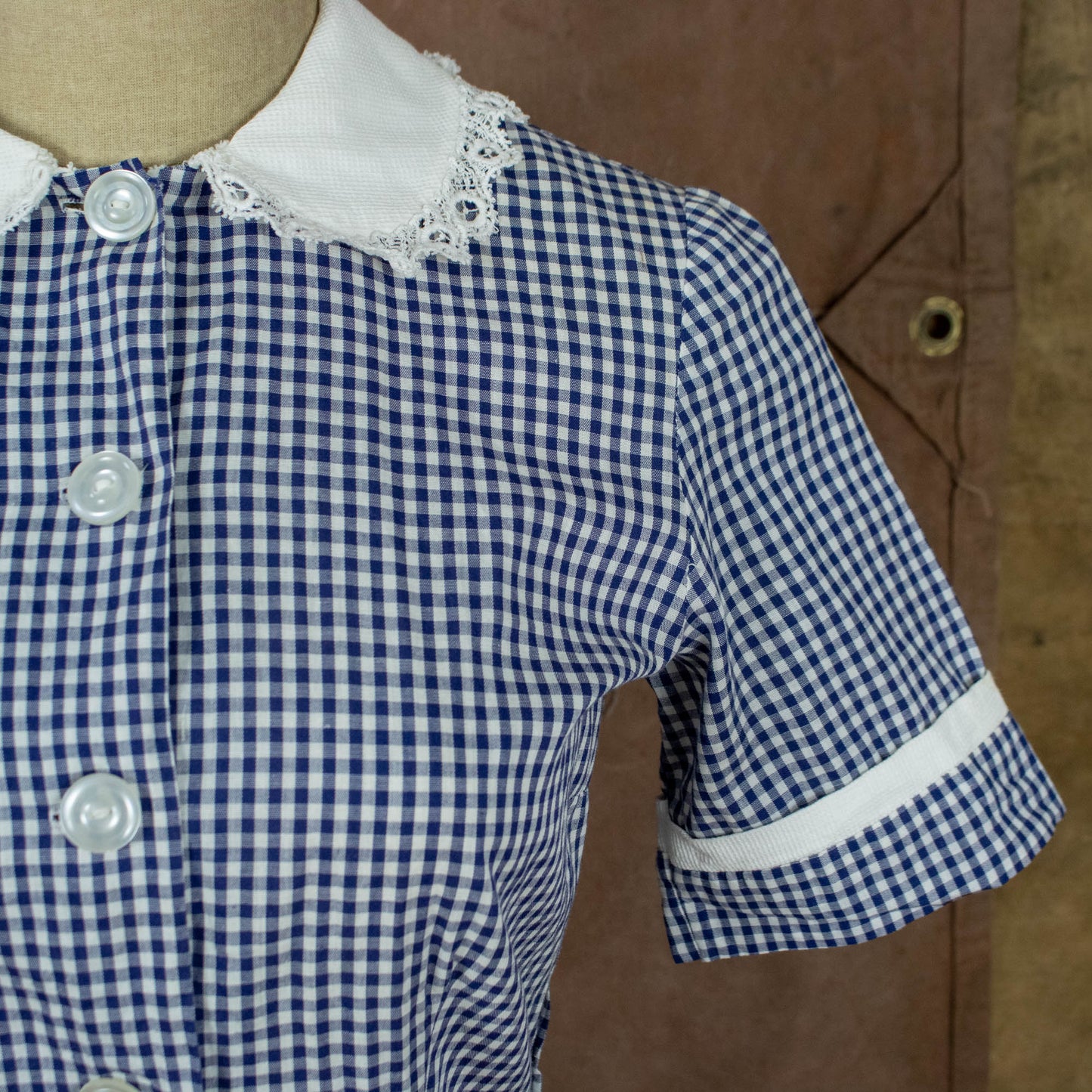 Vintage 50s Small Medium Gingham & Lace Dress