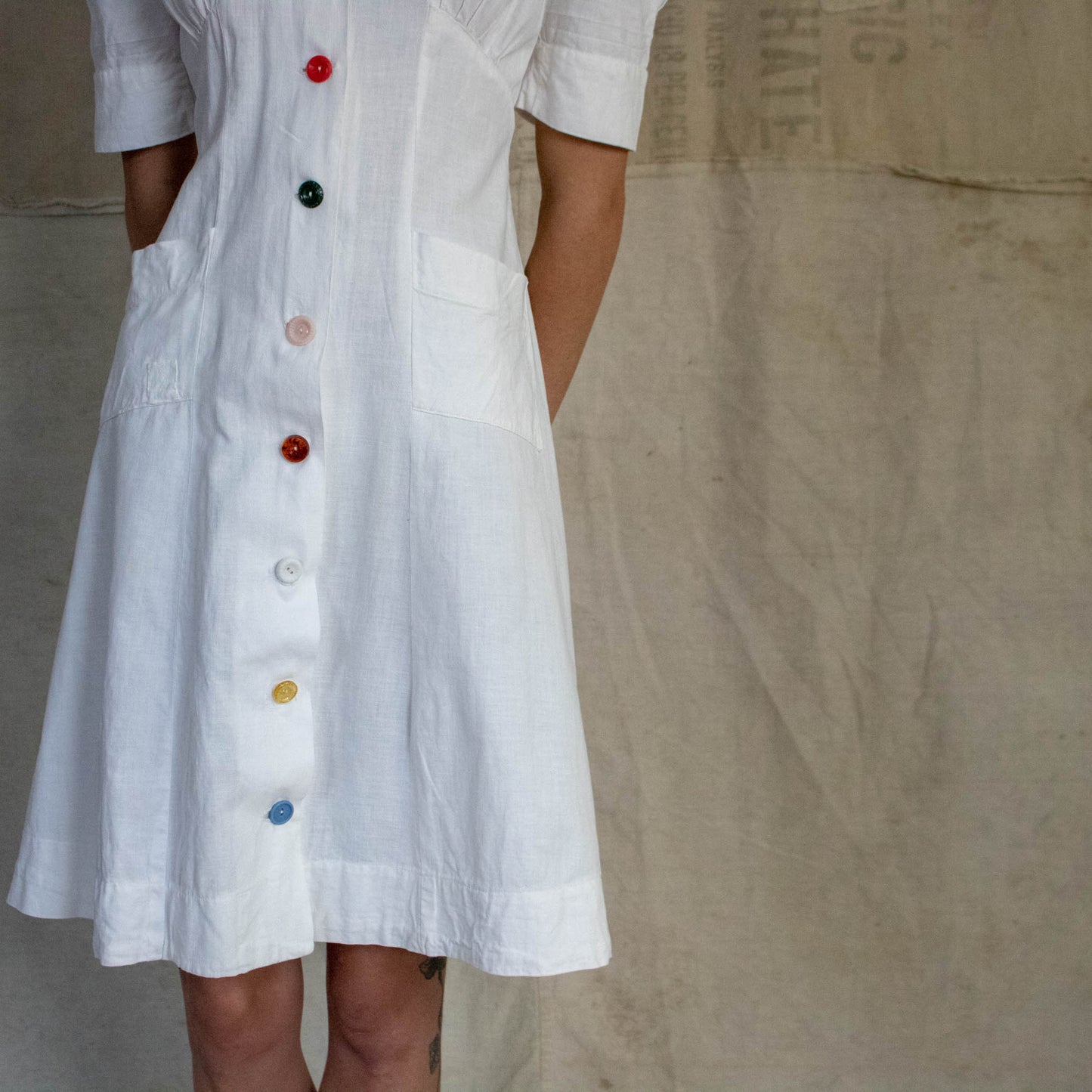 Reunion Remade Vintage Womens 40s Feedsack Dress with Multi-Colored Buttons
