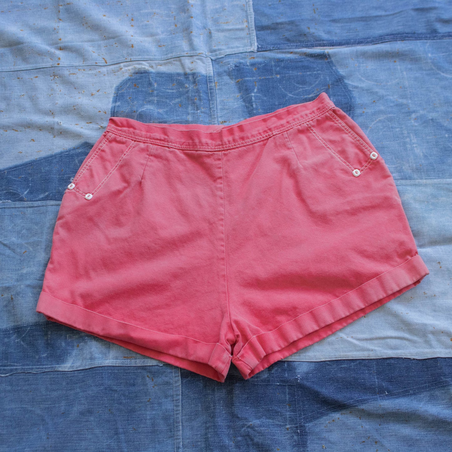 Vintage 40s Waist Size 32 Faded Red Shorts with Decorative Buttons