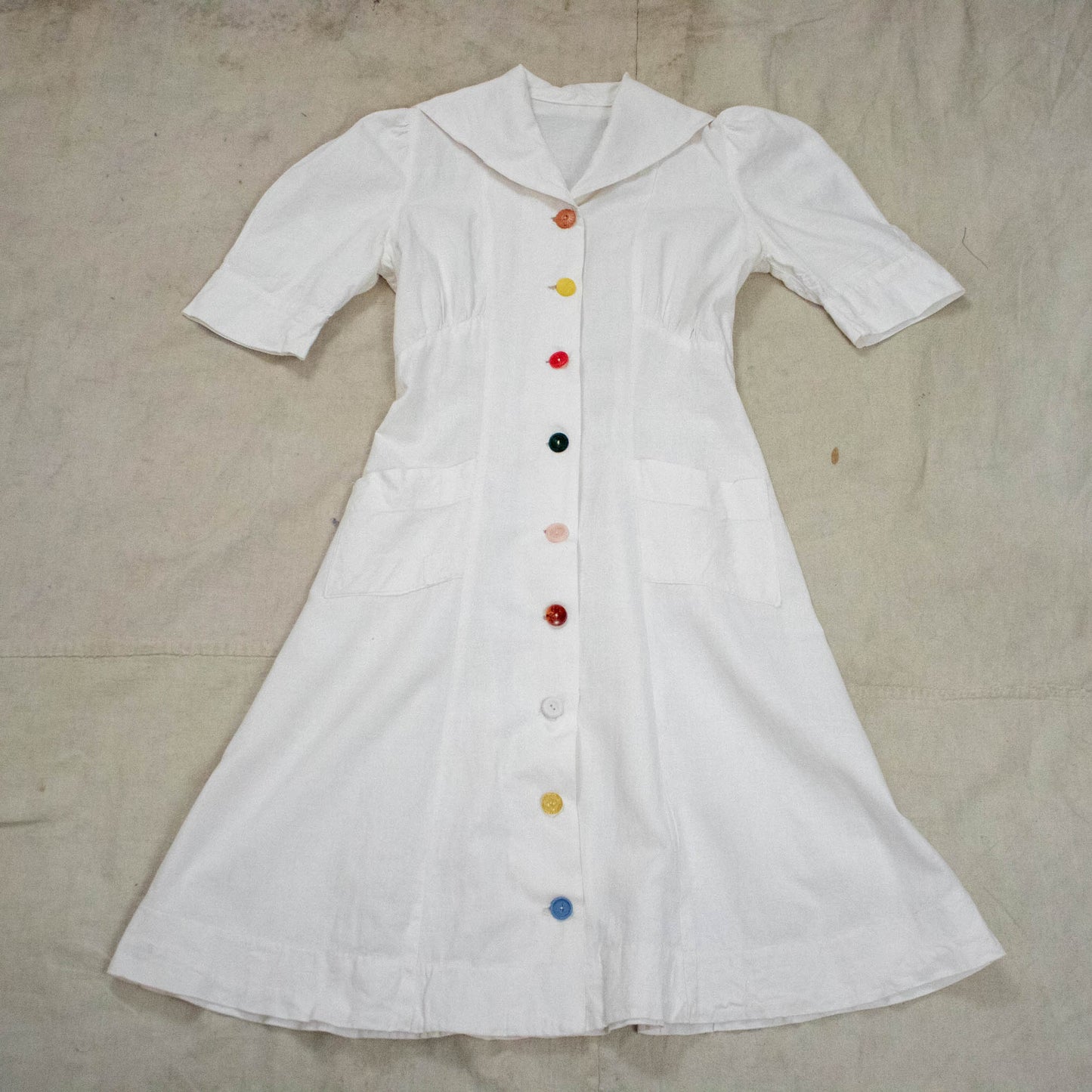 Reunion Remade Vintage Womens 40s Feedsack Dress with Multi-Colored Buttons