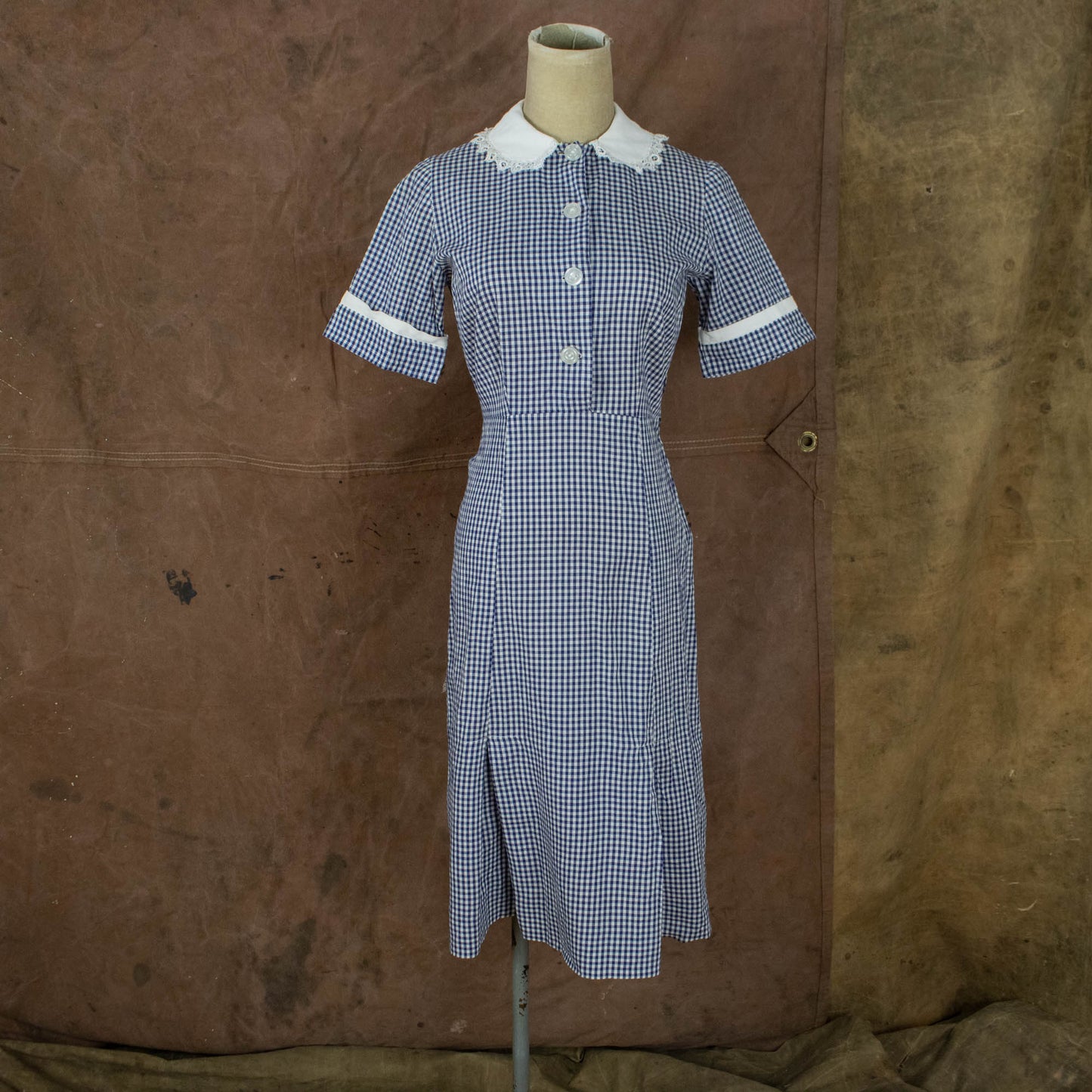 Vintage 50s Small Medium Gingham & Lace Dress