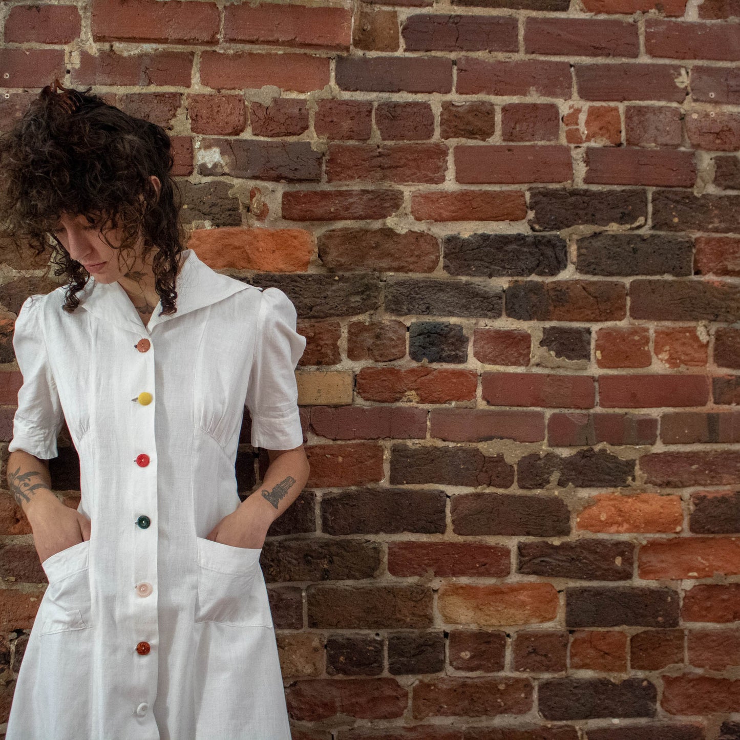 Reunion Remade Vintage Womens 40s Feedsack Dress with Multi-Colored Buttons