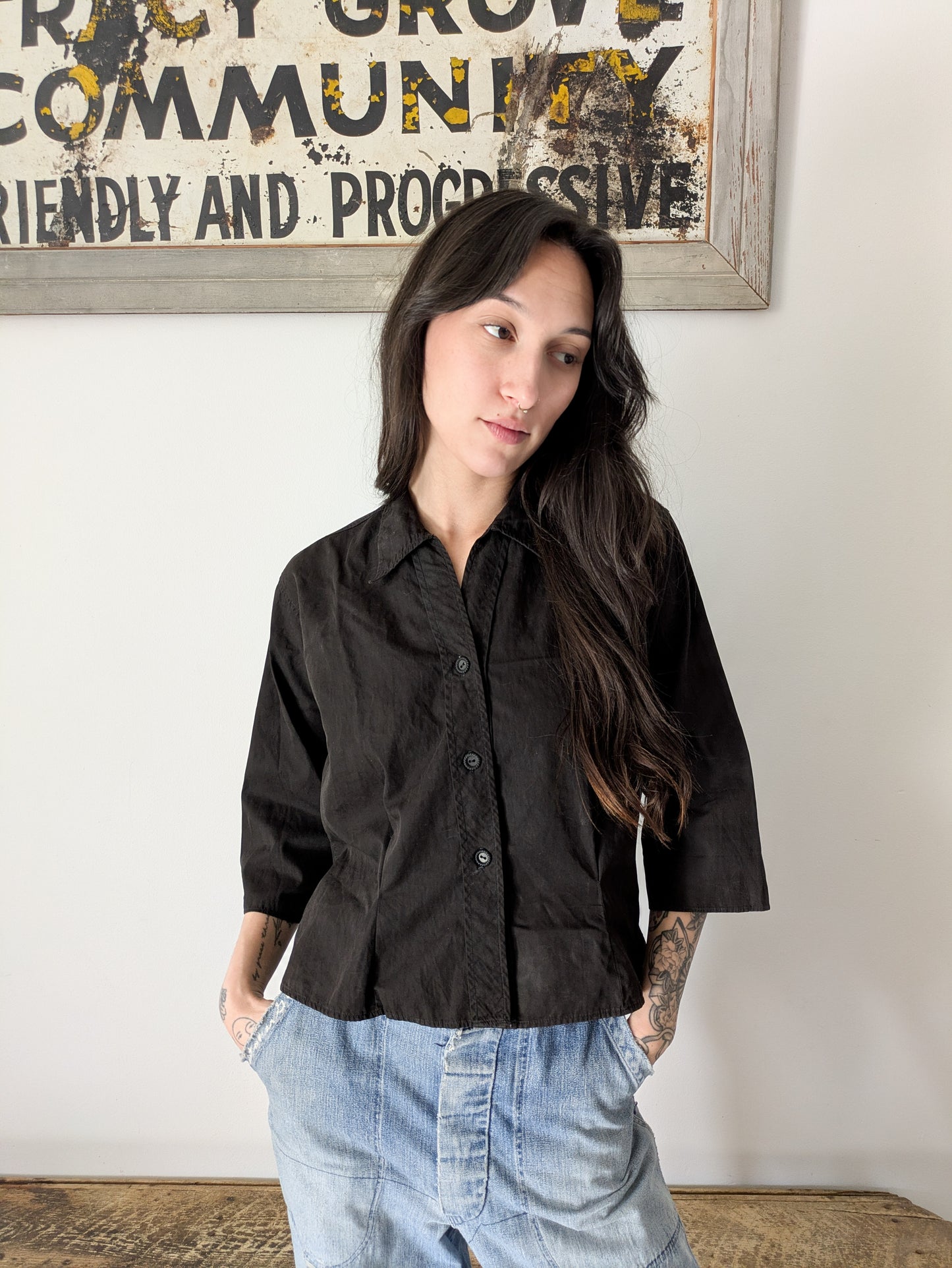 1950s-60s Black Cotton Blouse