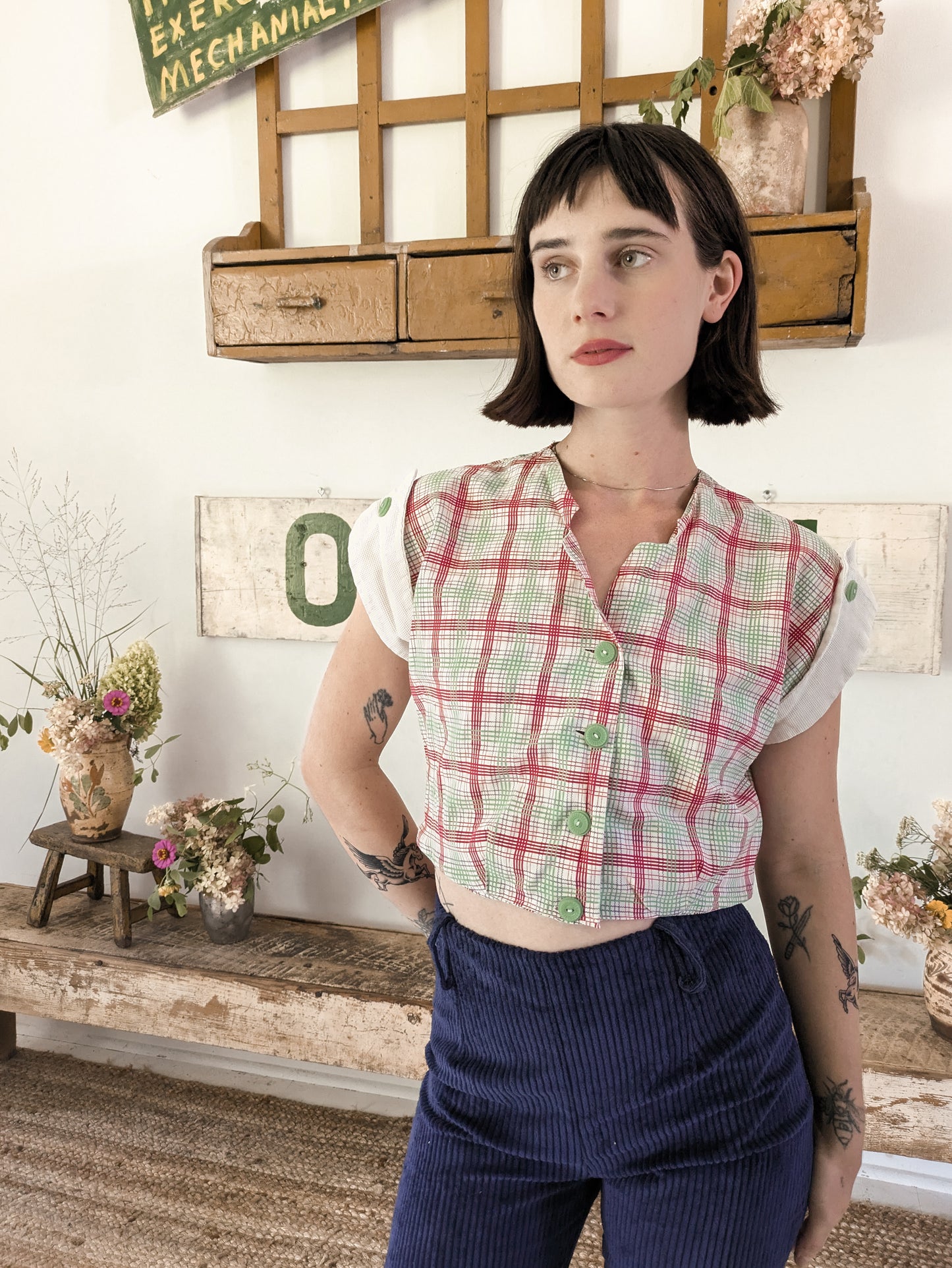 40s Cotton Plaid Blouse