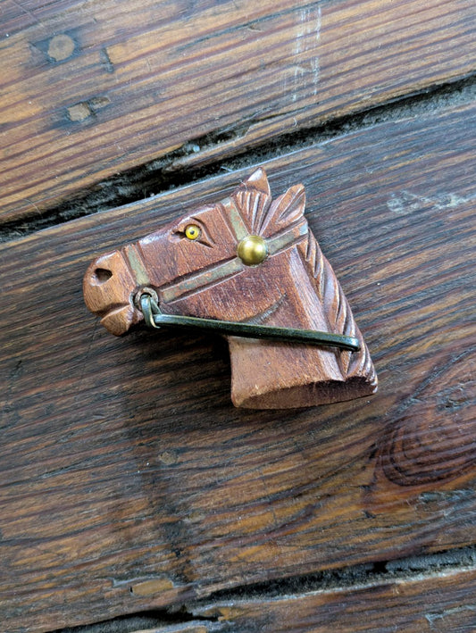 40s Carved Wooden Brooch