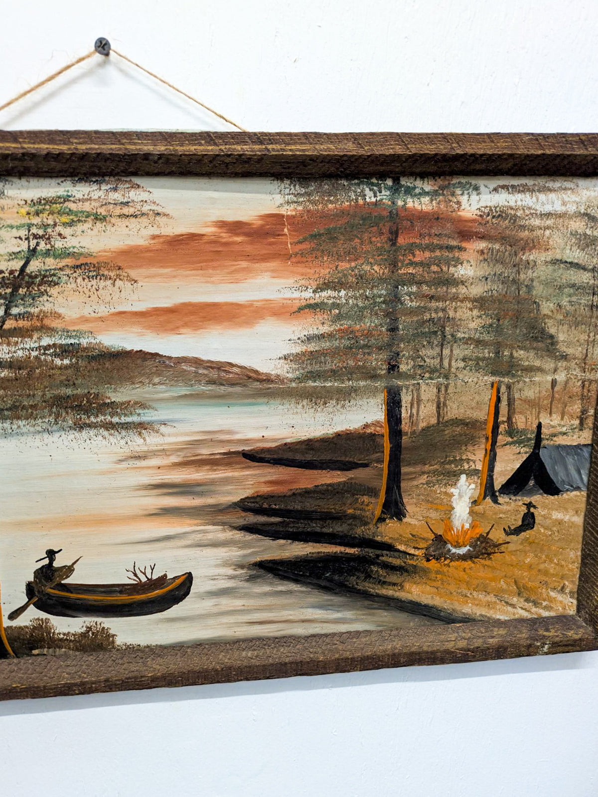 Framed Folk Art Canoe Camping Scene on Cardboard
