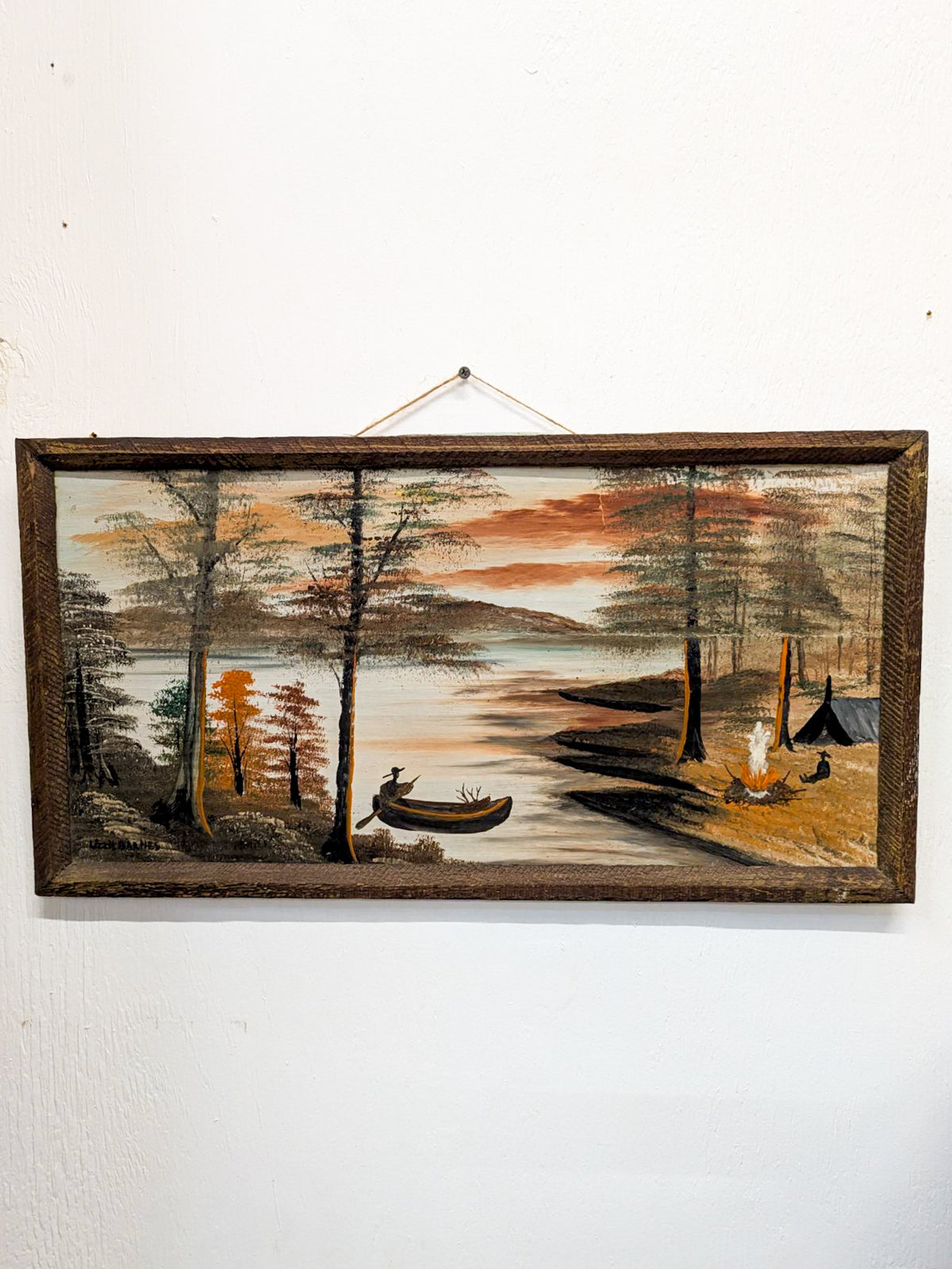 Framed Folk Art Canoe Camping Scene on Cardboard