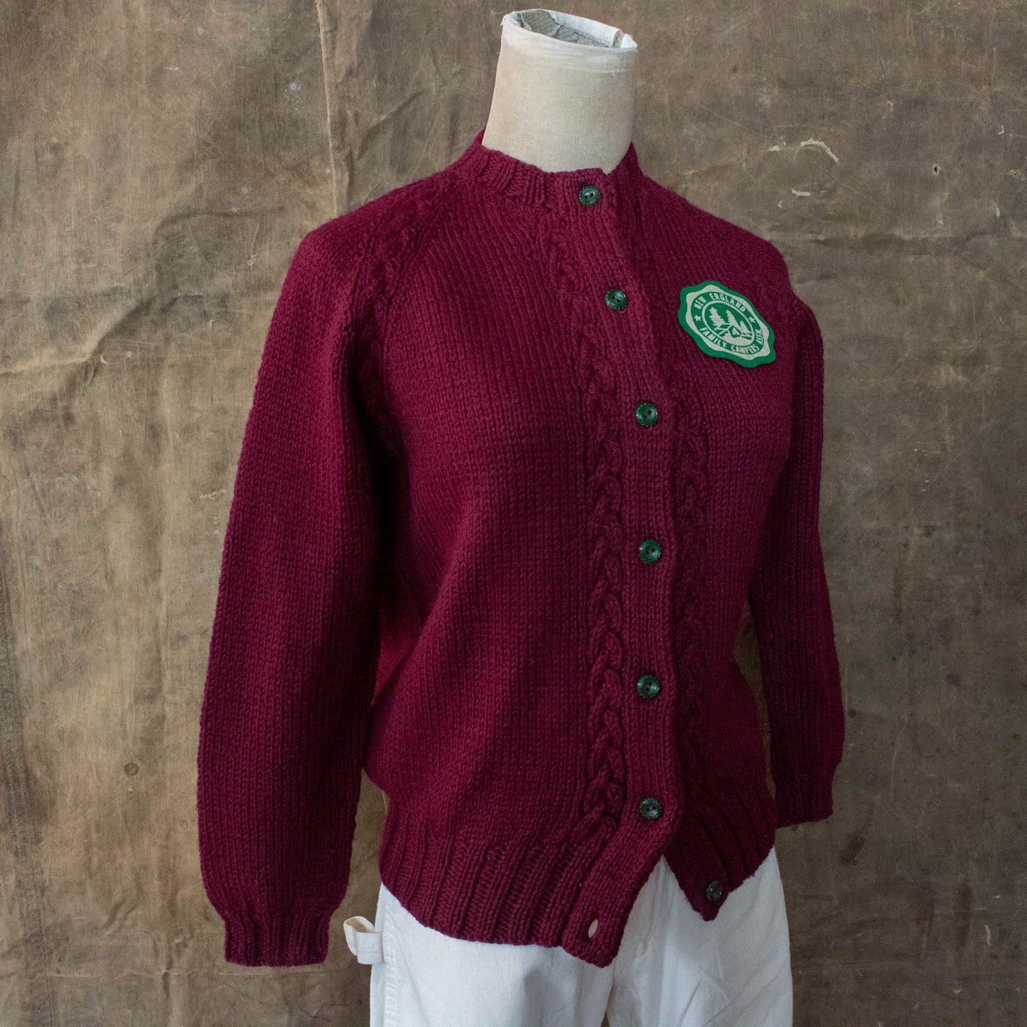 Vintage Small Medium Burgundy Wool Sweater with Camp Patch