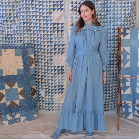 Vintage Womens  Xs Small Late 1800s Chambray Wrapper Dress